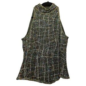 Papell Boutique Large Silk Beaded Top Mock neck Sleeveless Black Colorful VTG